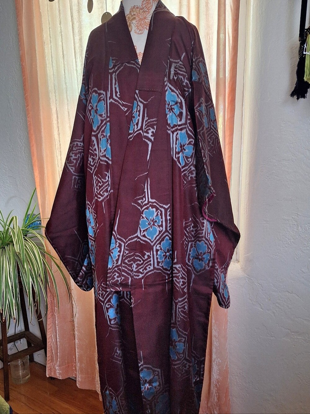 Vintage Floral Meisen Awase Kimono in Plum with Teal Blue Accents